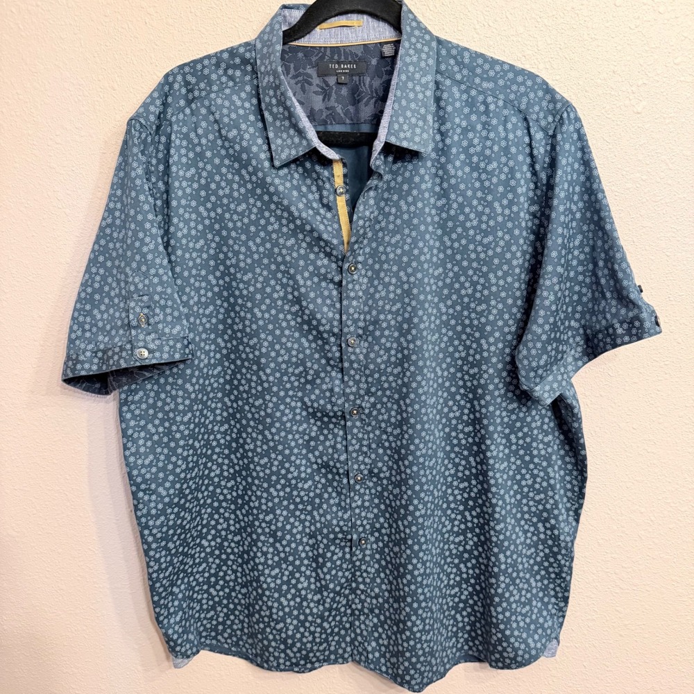 Ted Baker London Mens Blue Floral Micro Print Short Sleeve Button Down Shirt 7